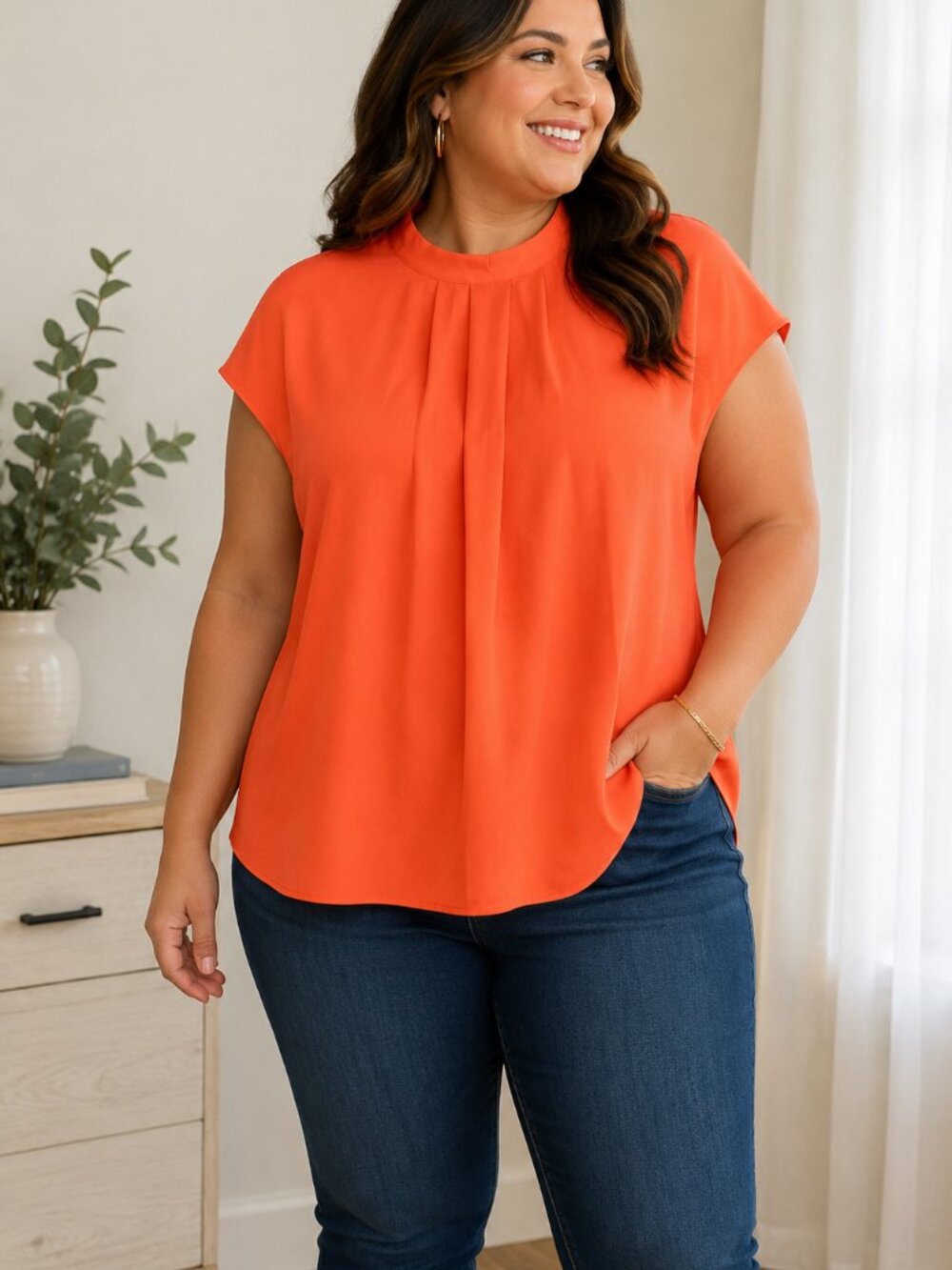 Orange Mock Neck Pleated Short Sleeve Blouse